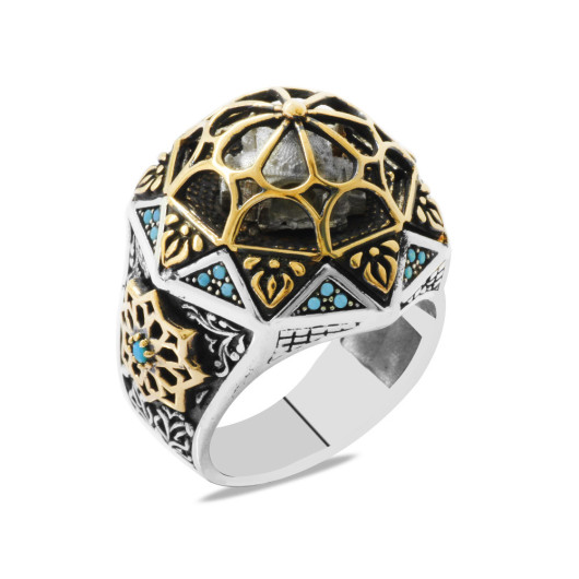 Hagia Sophia Mosque Designed Turquoise Stone Embellished Silver Men Ring