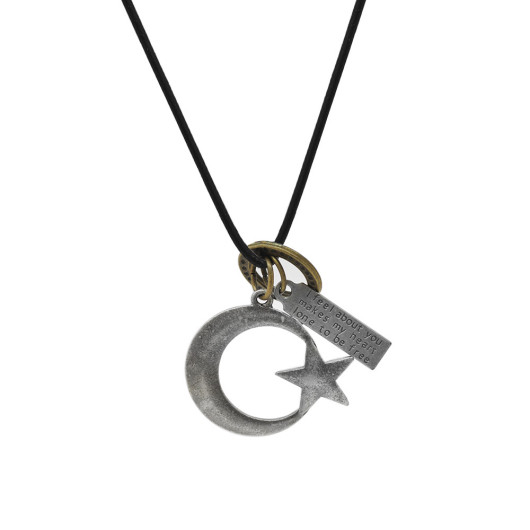 Crescent Star Design Adjustable Rope Chain Brass Men Necklace