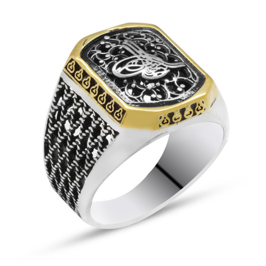 Diamond Design Tughra Motif 925 Sterling Silver Men Ring