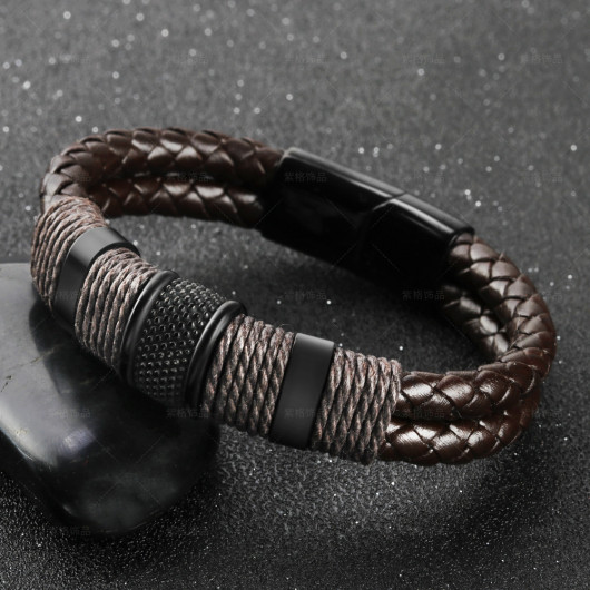 Double Layer Brown Leather Rope Black Color 316L Quality Steel Men Bracelet