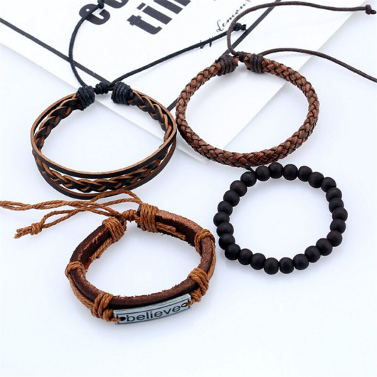 Leather Metal Ethnic Design Trust Written Retro Men Bracelet