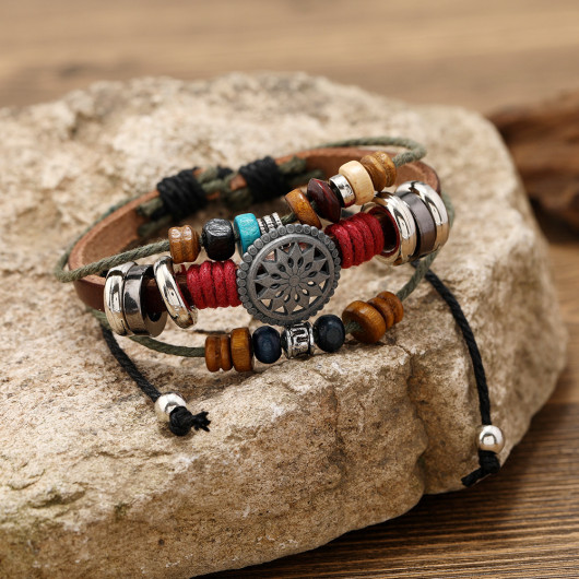 Black Leather Metal Ethnic Design Sun Detailed Retro Men Bracelet