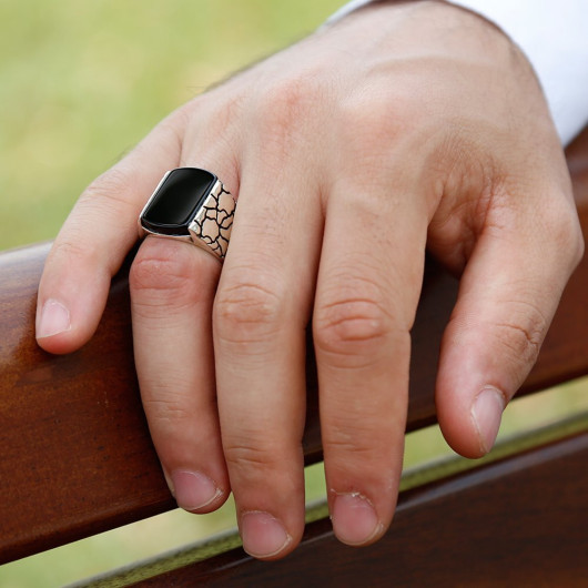 Square Black Onyx Stone 925 Sterling Silver Men Ring