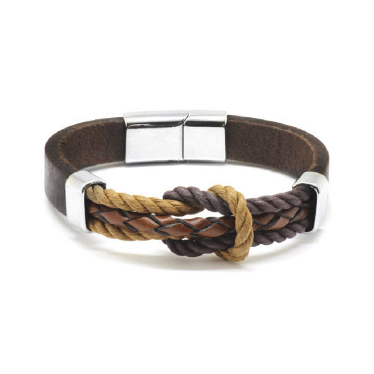 Knot Design Brown Leather Steel Combined Men Bracelet