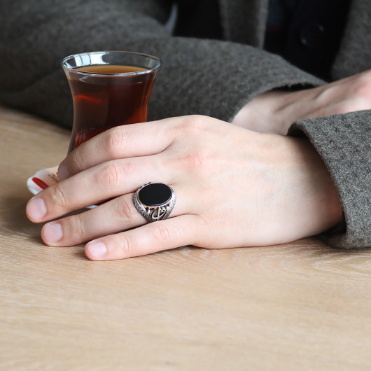 Elif Vav Embroidered Black Onyx Stone Silver Suveyda Ring