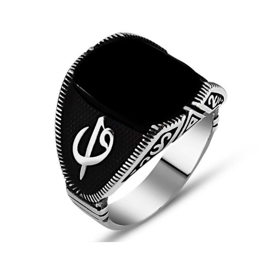 Elif Vav Written Black Onyx Stone 925 Sterling Silver Men Ring