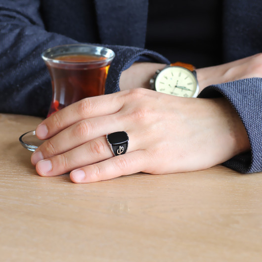 Elif Vav Written Black Onyx Stone 925 Sterling Silver Men Ring