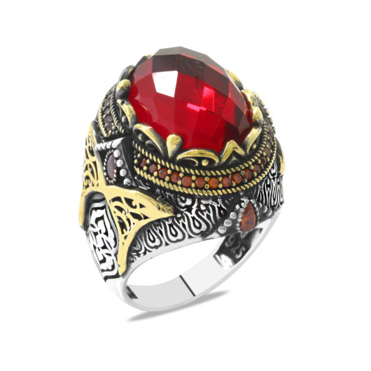 Cut Red Zircon Stone Oval Design Silver Men Ring