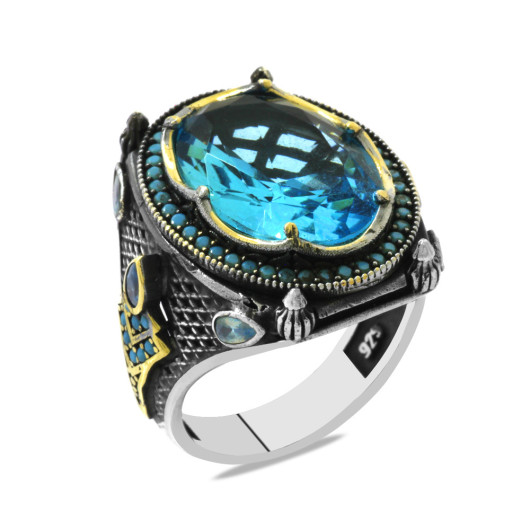 Turquoise Zircon Stone Silver Men Ring