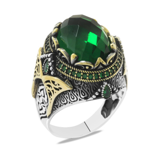 Facet Cut Green Zircon Stone Oval Design Silver Men Ring