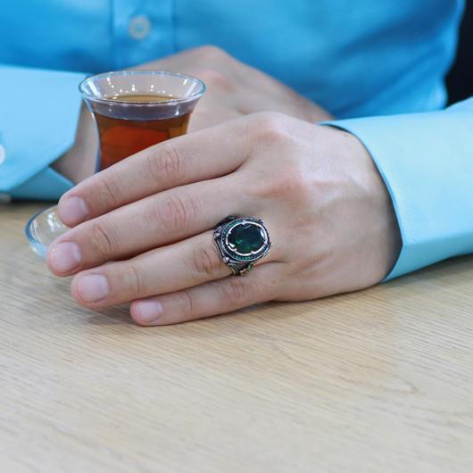 Silver Men Ring With Green Zircon Stone And Torch Detail On The Sides