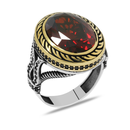 Facet Red Zircon Stone Tulip Patterned Silver Men Ring