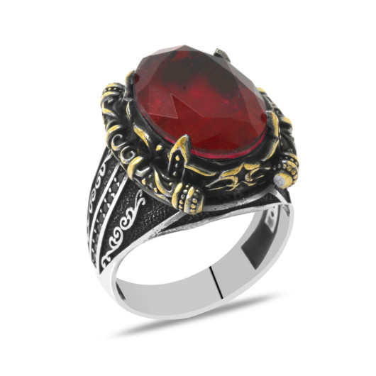 Facet Red Zircon Stone Authentic Design Silver Men Ring