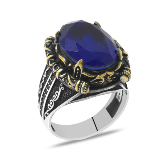 Facet Navy Blue Zircon Stone Authentic Design Silver Men Ring