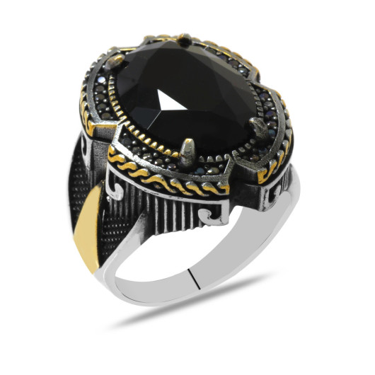 Facet Black Zircon Stone Lock Detailed Silver Men Ring