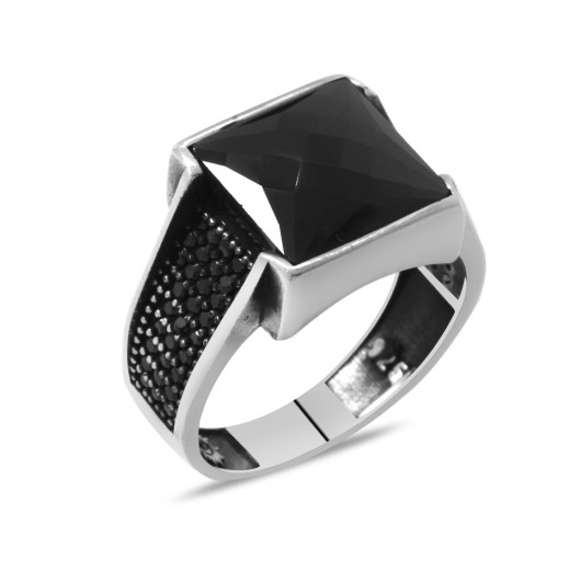 Facet Black Zircon Stone Modern Design Silver Men Ring