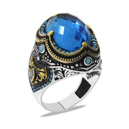 Turquoise Zircon Stone King Crown Design Silver Men Ring