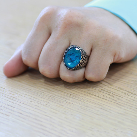 Turquoise Zircon Stone Seal Of Solomon Embroidered Silver Men Ring