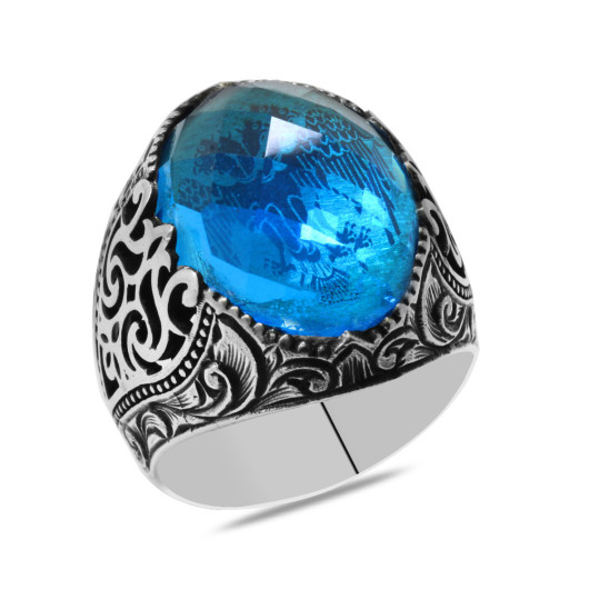 Turquoise Zircon Stone Seljuk Eagle Embroidered Silver Men Ring