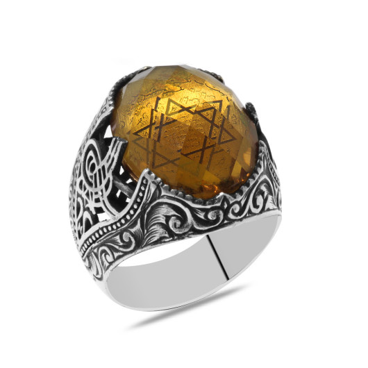 Facet Zultanite Stone Seal Of Solomon Engraved Silver Men Ring