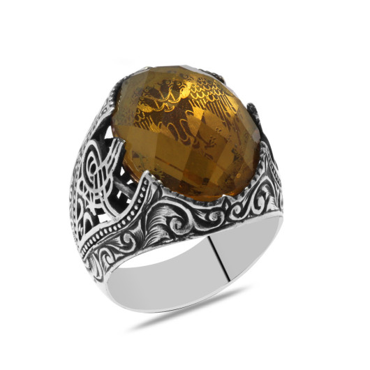 Zultanite Stone Seljuk Eagle Embroidered Silver Men Ring