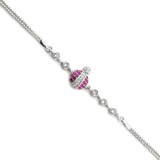 Fuchsia Zircon Stone Ladybug Design Silver Women Bracelet