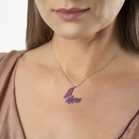 Elegant Design Silver Butterfly Necklace With Fuchsia Zircon Stone