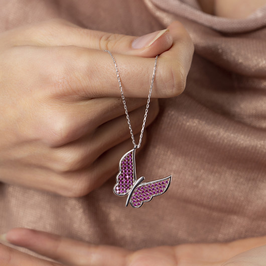 Elegant Design Silver Butterfly Necklace With Fuchsia Zircon Stone