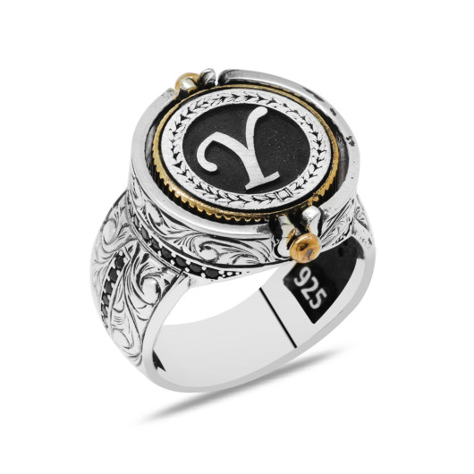 Double Sided Personalized Letter Written 925 Sterling Silver Men Ring