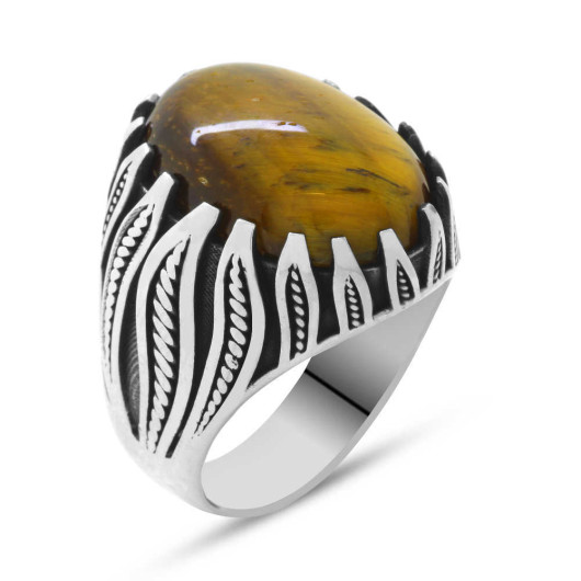 Flame Design Silver Indian Ring With Tiger Eye Stone