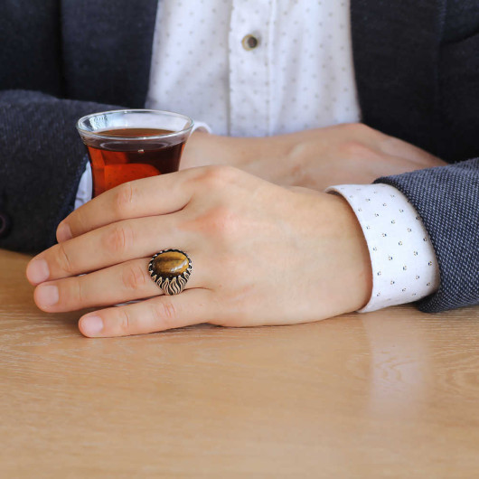 Flame Design Silver Indian Ring With Tiger Eye Stone