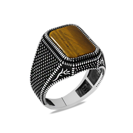 Tiger Eye Stone Tulip Embroidered Silver Men Ring