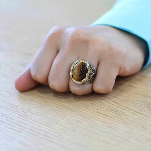 Tiger Eye Stone Side Engraved Silver Men Ring