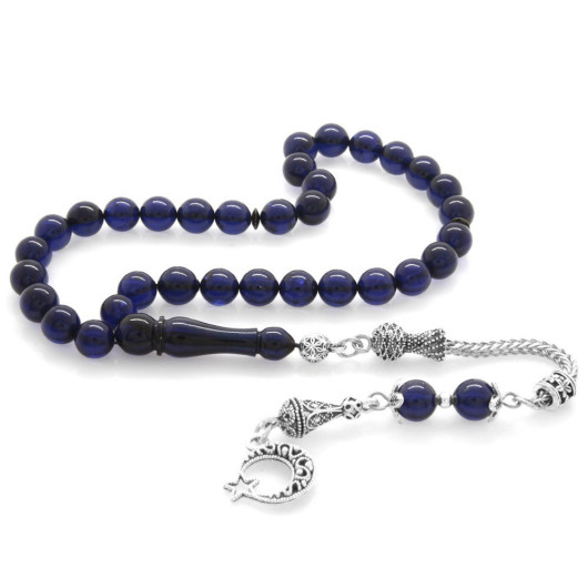 Dark Blue Amber Prayer Beads With Metal Star And Crescent Tassel