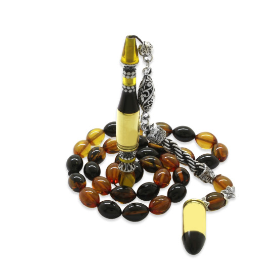 Yellow And Black Amber Rosary With Metal Tassels In Rope Style