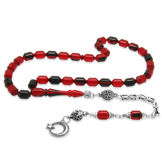 Red And Black Fiery Amber Rosary With Metal Fringes