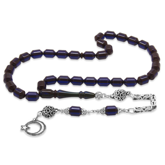 Dark Navy Blue Pressed Amber Rosary With Metallic Tassels
