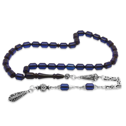 Navy Pressed Amber Rosary With Metallic Tassels
