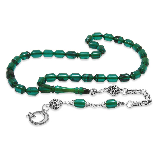 Transparent Fiery Amber, Turquoise And Black Rosary With Metal Tassels