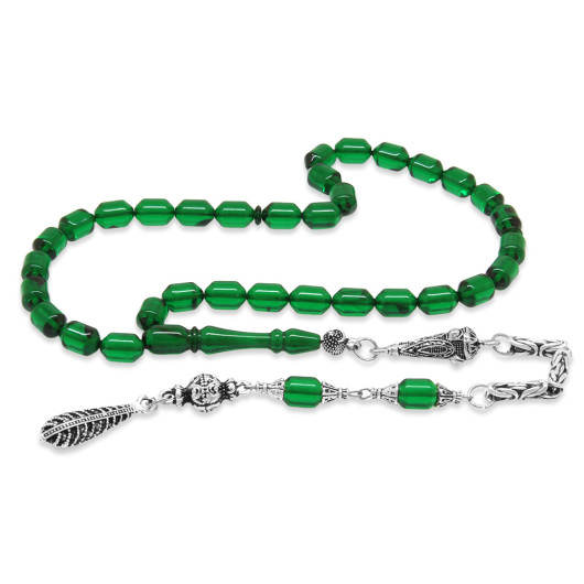 Transparent Green And Black Fiery Amber Rosary With Metal Tassels