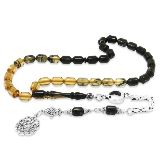 Black And White Fiery Amber Rosary With Metallic Tassels