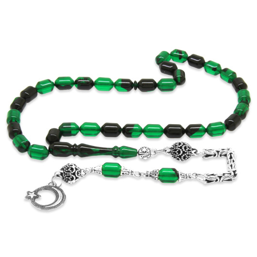 Fiery Amber Green And Black Rosary With Metal Fringes