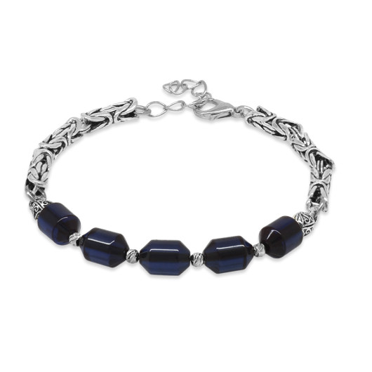 Dark Navy Blue Crimped Amber Mens Bracelet With Tarnish Free Metal King Chain And White Dorica Ball Decoration