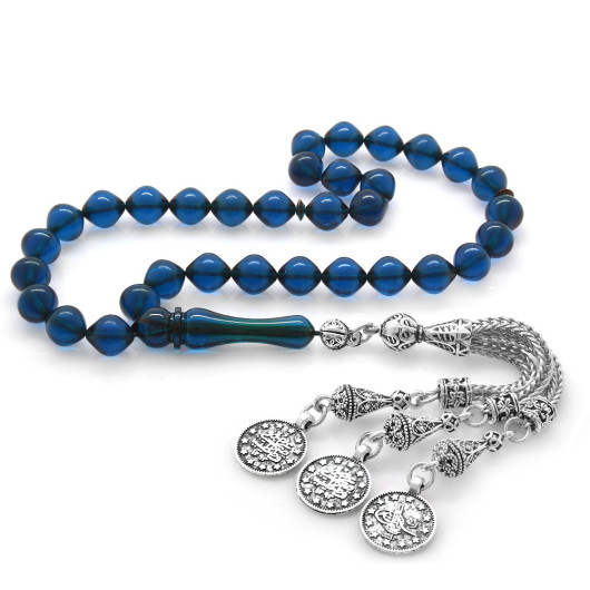 Dark Blue Amber Prayer Beads With Tarnish Proof Metal Mecidiye Tassel