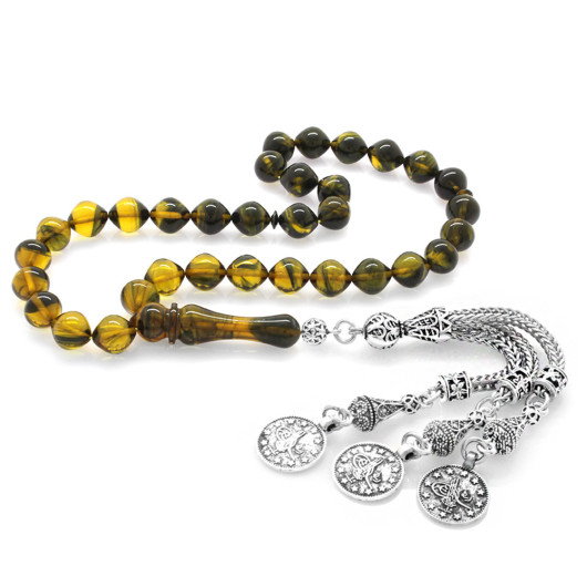 Tarnish Metal Mecidiye Tassel Istanbul Cut Fire Amber Prayer Beads