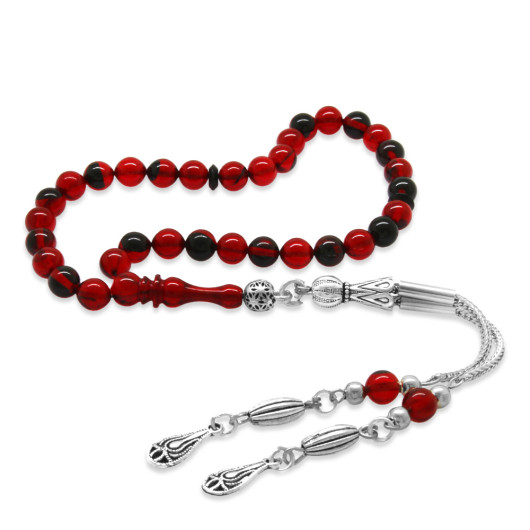 Short Red And Black Fiery Amber Rosary With Metal Tassels