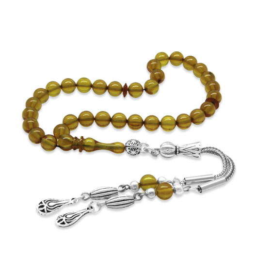 Short Yellow Fiery Amber Rosary With Metal Tassels