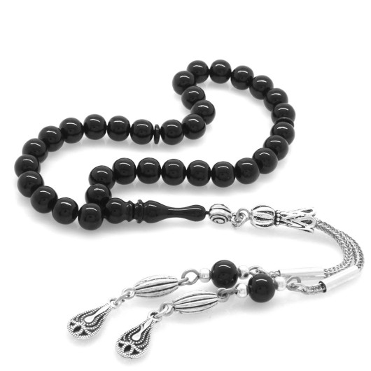Short Black Fiery Amber Rosary With Metal Tassels