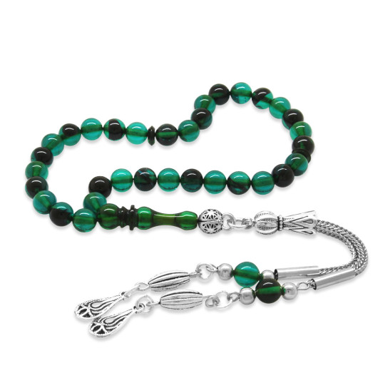 Short Turquoise And Black Fiery Amber Rosary With Metal Tassels