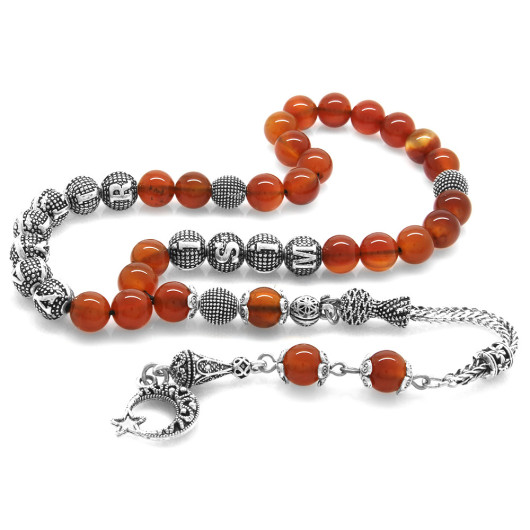 Natural Red Agate Rosary With Metal Tassels With Name